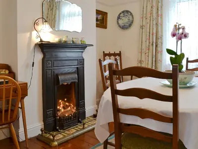a fireplace in a room with a table and a chair at Greenbank Cottage in Hilgay