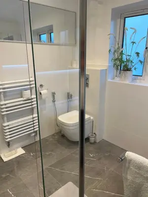 a bathroom with a toilet and a glass shower stall at House in city centre with free parking in Cambridge