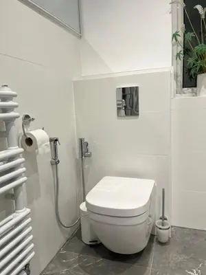 a white bathroom with a toilet and a shower at House in city centre with free parking in Cambridge