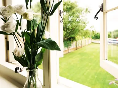 a vase filled with white flowers sitting on a window sill at Hidden Cottage by The Suffolk Cottage Collection in Aldeburgh