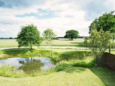 a pond in the middle of a field with trees at The Cottage by The Suffolk Cottage Collection in Peasenhall