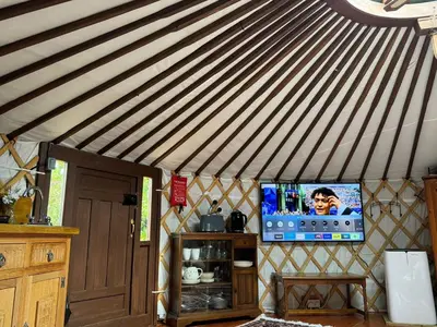a living room with a tv in a yurt at The Roundhouse Yurt in Colchester