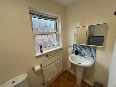 a bathroom with a sink and a toilet and a window at Grange Luxe 4 in Martlesham Heath