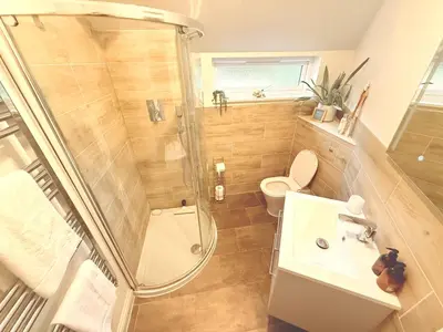 a bathroom with a shower and a toilet and a sink at The Old Coach House in Hockwold cum Wilton
