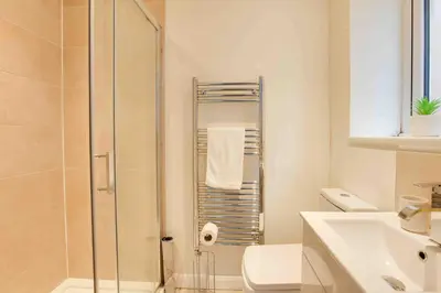 a bathroom with a shower with a toilet and a sink at Blackwater Villa Witham in Witham