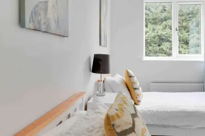 a bedroom with a bed and a lamp and two windows at Blackwater Villa Witham in Witham