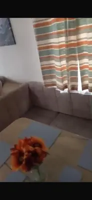 a flower on a table in front of a couch at 911 Caravan in Saint Osyth