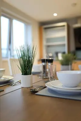 a table with plates and bowls and a plant on it at Penthouse with Hot Tub by Cambridge Station in Cambridge