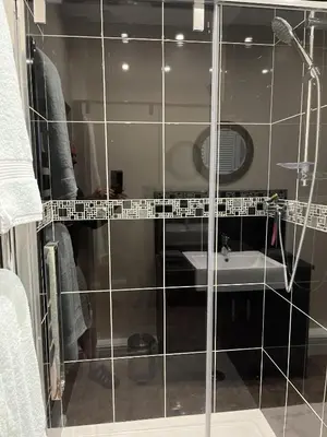 a bathroom with a shower and a sink at Haven Hideaway in Harwich