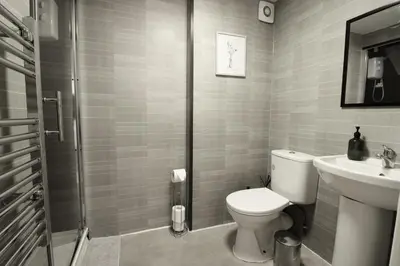 a bathroom with a toilet and a sink and a shower at Comfy Town Centre Apartment Free Parking WiFi in Colchester