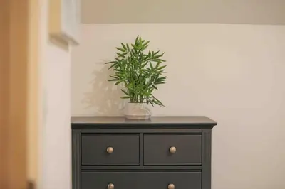 a black dresser with a plant on top of it at Foxglove House & Hot Tub Stansted Airport in London Stansted Airport