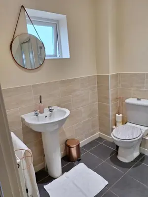 a bathroom with a sink and a toilet and a mirror at Happy place in Milton