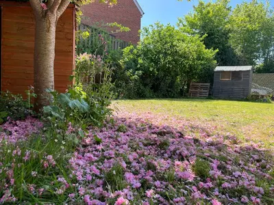 a field of pink flowers next to a house at 2 Bedroom Apartment 11 Minutes From Stansted Airport in Great Dunmow