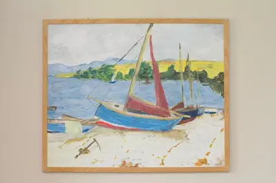 a painting of two boats on the beach at Beautiful country home and garden in Kirby Cross