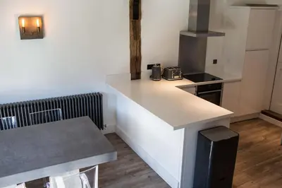 a small kitchen with a counter and a stove at Idle Waters in Dedham
