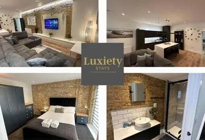 a collage of four pictures of a living room at Sleek & Stunning 2BR APT By Luxiety Stays Short Lets & Serviced Accommodation Southend on sea With Free WiFi, Smart TV, Netflix in Southend-on-Sea