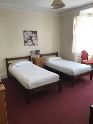two beds in a room with a red carpet at Abbeyfield Guesthouse in Cambridge