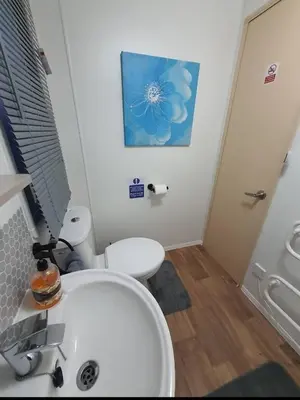 a bathroom with a white toilet and a sink at Buxton's Holiday Home - Park Holiday's complex - Beach Access - Free WiFi in Saint Osyth