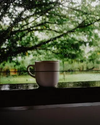 a coffee cup sitting on a window sill in the rain at Mind The Gap in Preston