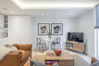 a living room with a couch and a tv at Stunning Central Apt With Parking in Cambridge