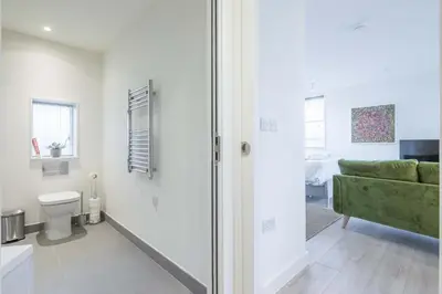 a bathroom with a toilet and a green couch at Superb Central Apt River Views & Parking in Cambridge