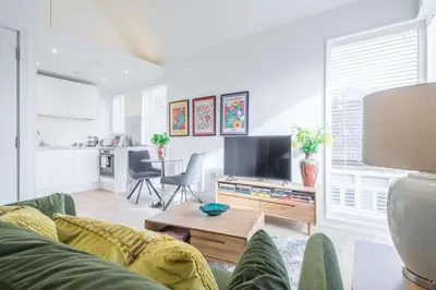 a living room with a couch and a tv at Stunning Central Apt - Balcony & Parking in Cambridge