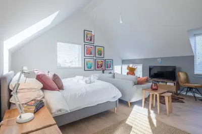 a bedroom with a bed and a couch and a television at Beautiful Central Apt With Parking in Cambridge