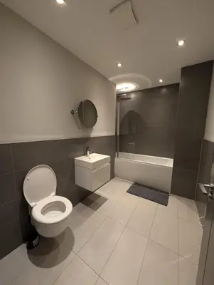 a bathroom with a toilet and a bath tub at Lovely Central Brentwood Flat in Brentwood