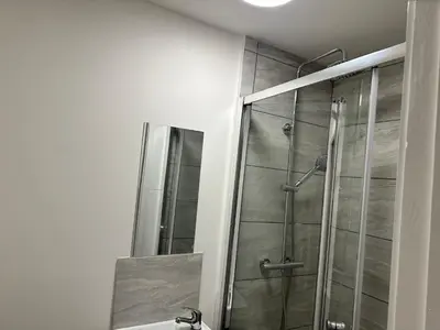 a bathroom with a shower and a sink at Basildon Everlight Villa in Basildon