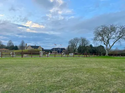 a field of grass with a fence and a tree at Magog View in Sawston