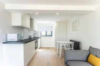 a kitchen and living room with a couch and a table at Modern self contained one bedroom with garden in Sheering