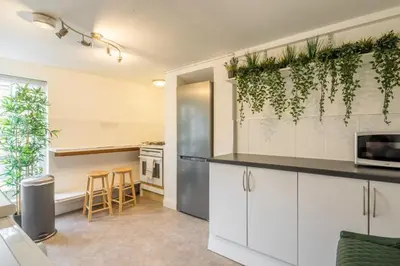 a kitchen with white cabinets and plants on the wall at Next To Park 3 Bedroom V CENTRAL in Cambridge
