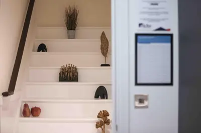 a staircase with shelves with plants and a door at Castle Hill Apartments Colchester in Colchester