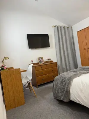 a bedroom with a bed and a desk and a television at Luxe city stay in Ipswich