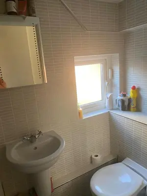 a bathroom with a sink and a toilet and a window at Cosy room in Faulkbourne