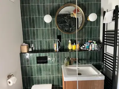 a green tiled bathroom with a sink and a mirror at Charming Home in Central Cambridge in Cambridge