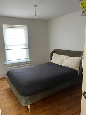 a bedroom with a bed with a blue blanket and two windows at Charming Home in Central Cambridge in Cambridge