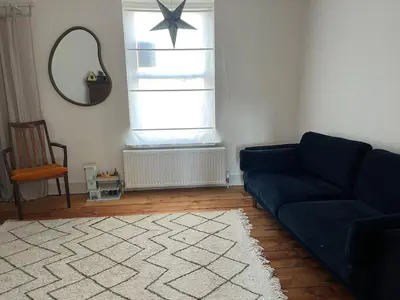 a living room with a blue couch and a window at Charming Home in Central Cambridge in Cambridge