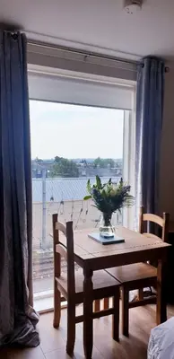 a dining room table with a vase of flowers on it at Comfy city room in Cambridge