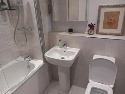 a bathroom with a sink and a toilet and a shower at Richfield Lux in Loughton