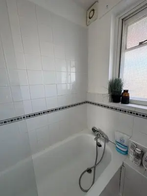 a white bath tub with a hose in a bathroom at Essex Apartment in Loughton