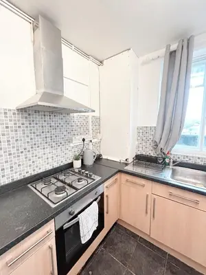 a kitchen with a stove and a sink at Essex Apartment in Loughton
