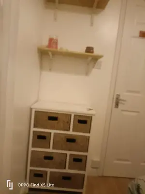 a room with a stack of drawers and a shelf at Dolphin cottage in Nevendon