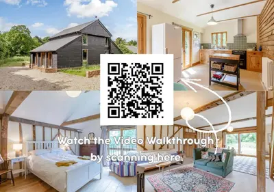 a collage of photos of a home with a video walkthrough at Colemans Farm Barn- Unique, Rustic & Peaceful Barn - Essex countryside in Finchingfield