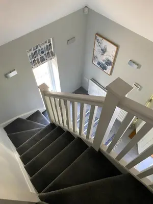 a staircase in a home with black carpeted stairs at Primrose Lodge in Maldon in Maldon