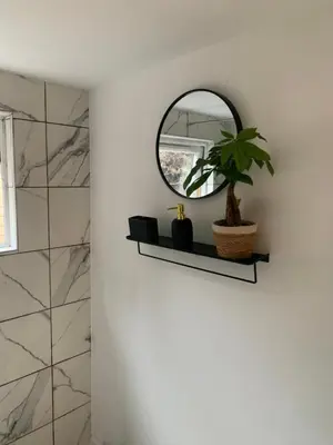 a bathroom with a mirror and a plant on a shelf at Sunnyside guest house in Latchingdon and Snoreham