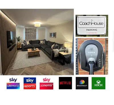a collage of photos of a living room with a couch at Detached Luxury Coach House - Sky Sports Cinema - EVCharger in Colchester