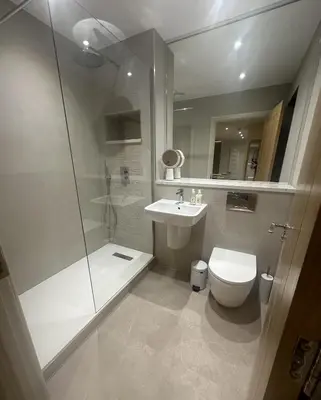 a bathroom with a shower and a toilet and a sink at Detached Luxury Coach House - Sky Sports Cinema - EVCharger in Colchester