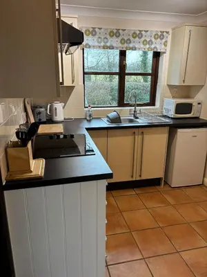 a kitchen with a sink and a counter top at Fushia Chalet a lovely little rural retreat in Saxtead
