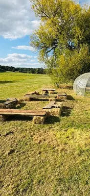a group of picnic tables in a field at Riverside farm Yurt tent Hertford in Hertford